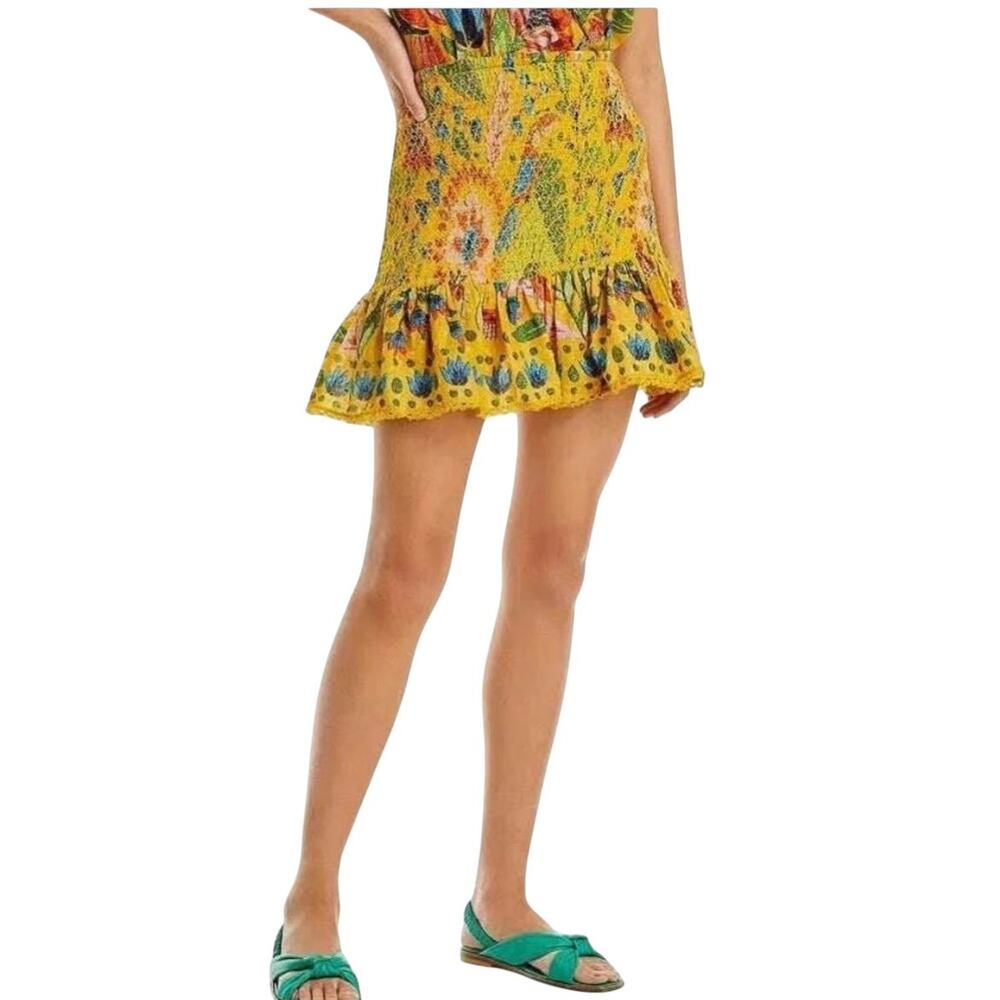 Farm Rio Summer Garden Smocked Mini Skirt Multicolor Size Large Ruffle Boho - Picture 2 of 12